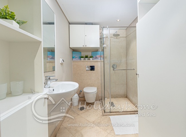Bright bathroom with large shower